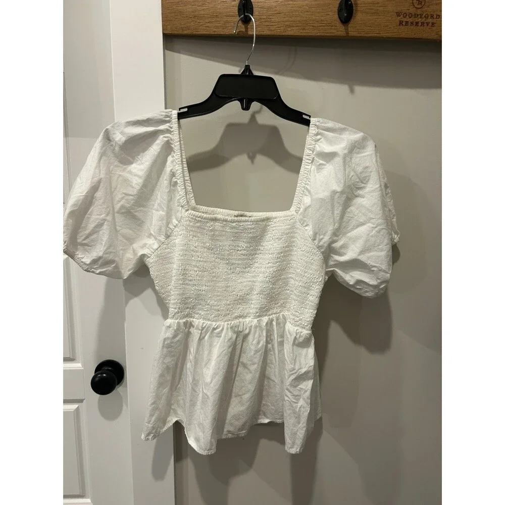 Women’s Loft White Babydoll Smocked Peplum Top Sz Large Coquette Cottagecore